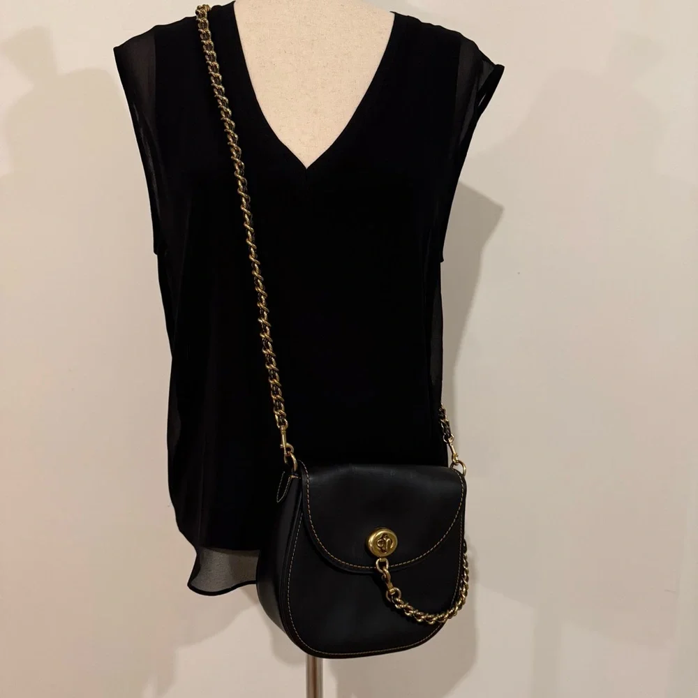 COACH 1941 Turnlock Saddle Crossbody Bag in Black Leather & Metal Braided Strap - Picture 2 of 14